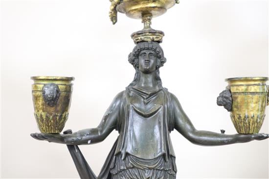 A pair of 19th century French classical revival bronze and ormolu candelabra, height 19in.